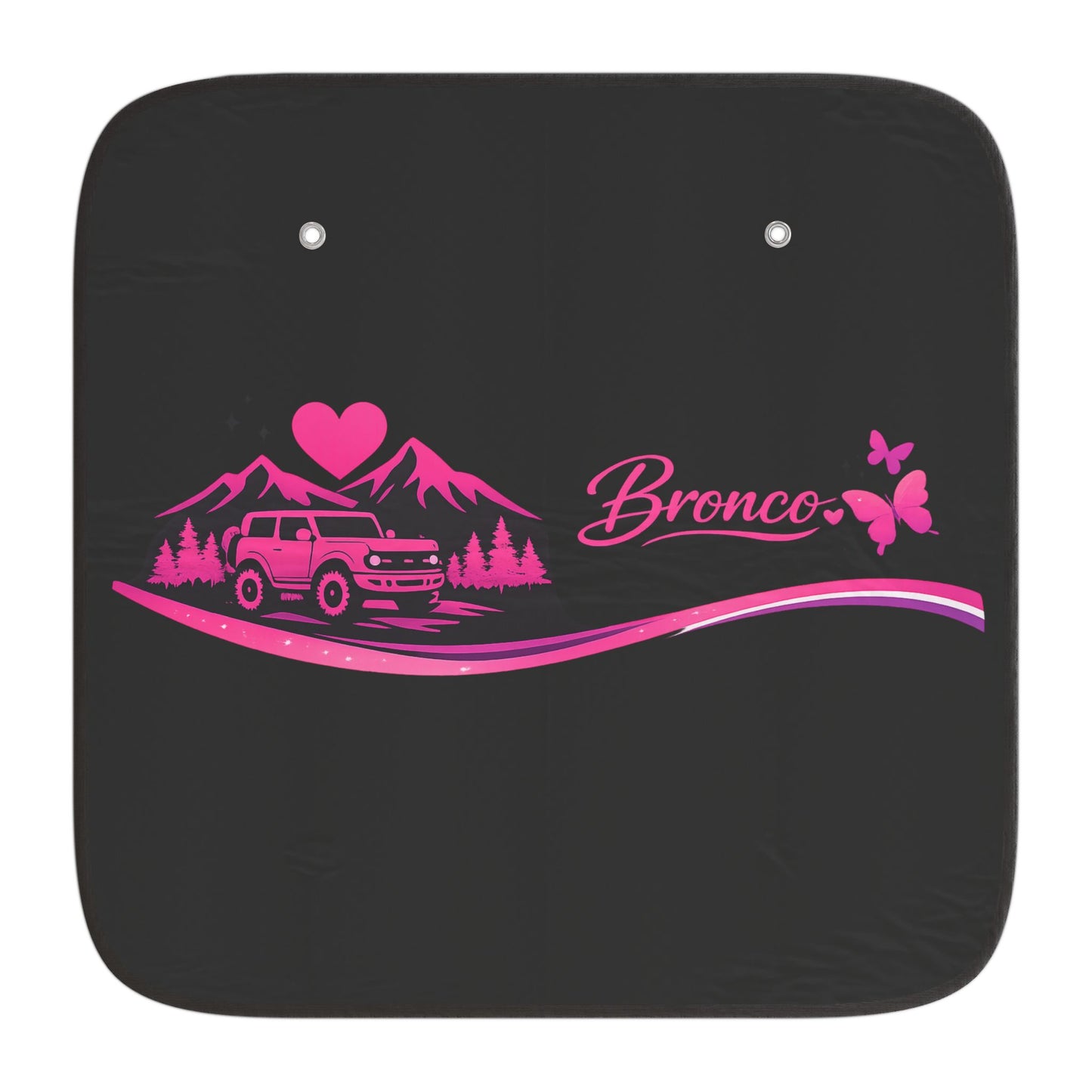 Bronco Heart Mountain Car Sun Shade — Pink Off-Road SUV Windshield Protector