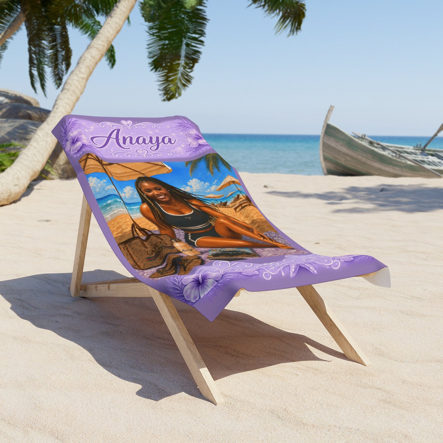 Personalized Purple Beach Towel — Tropical Portrait with Name