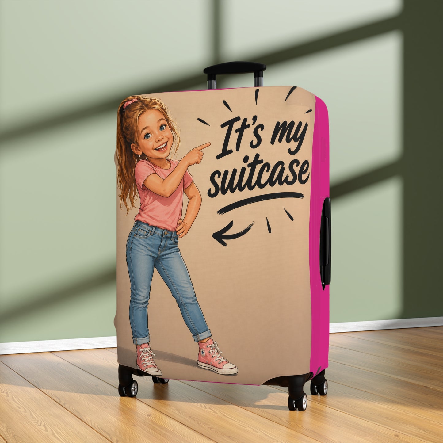 Personalized Child's Luggage Cover — Pink, Your likeness  "It's My Suitcase" Kids Travel Protector