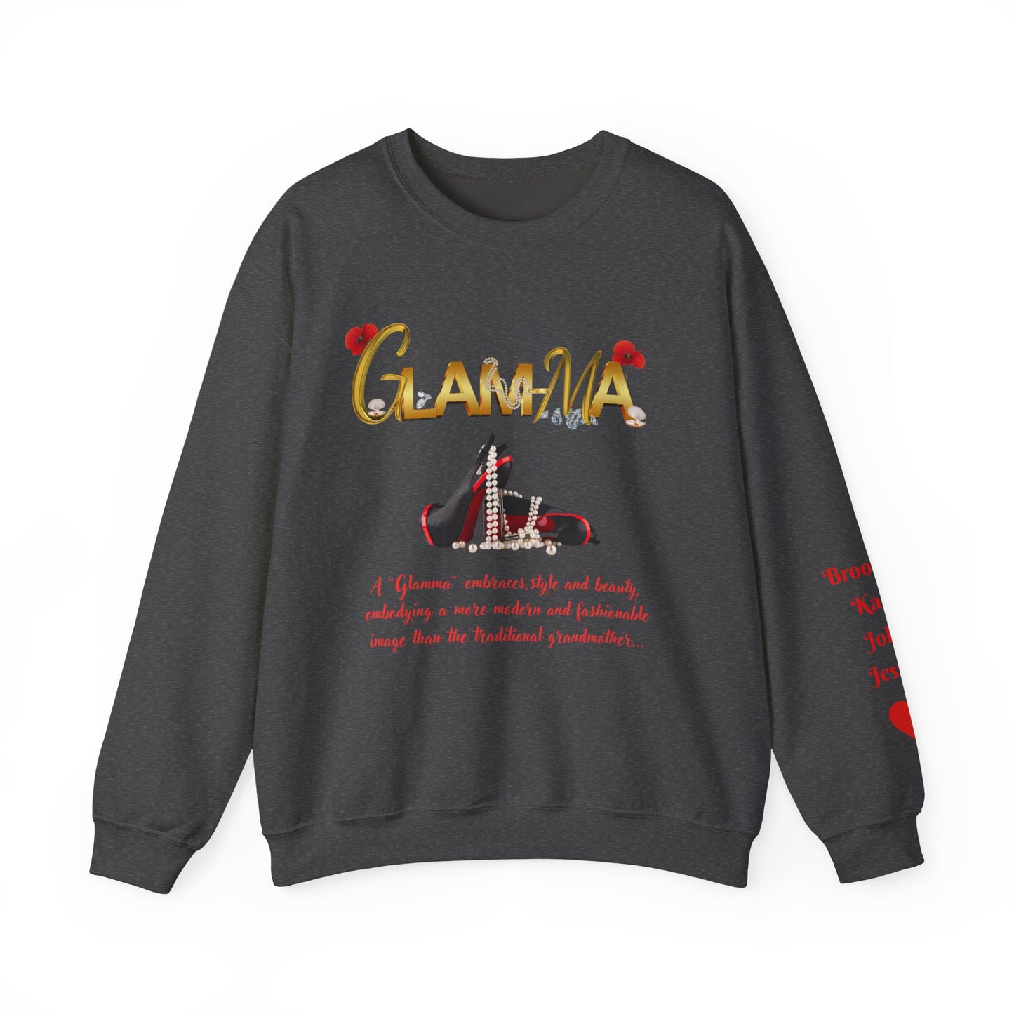 Glamma Graphic Sweatshirt – 'GLAMMA' Gold Script with Heels & Red Heart Sleeve Design