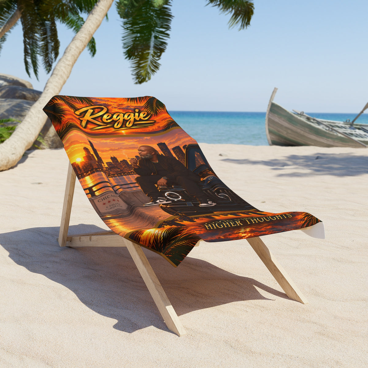 Personalized 'Reggie' Sunset Beach Towel — Miami Skyline, Palm Vibes & 'Higher Thoughts' Quote