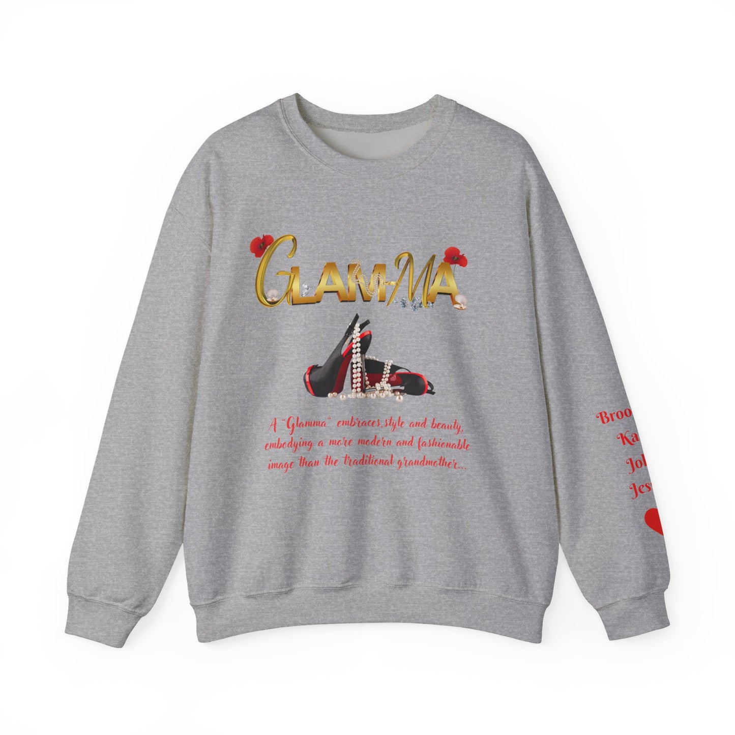 Glamma Graphic Sweatshirt – 'GLAMMA' Gold Script with Heels & Red Heart Sleeve Design