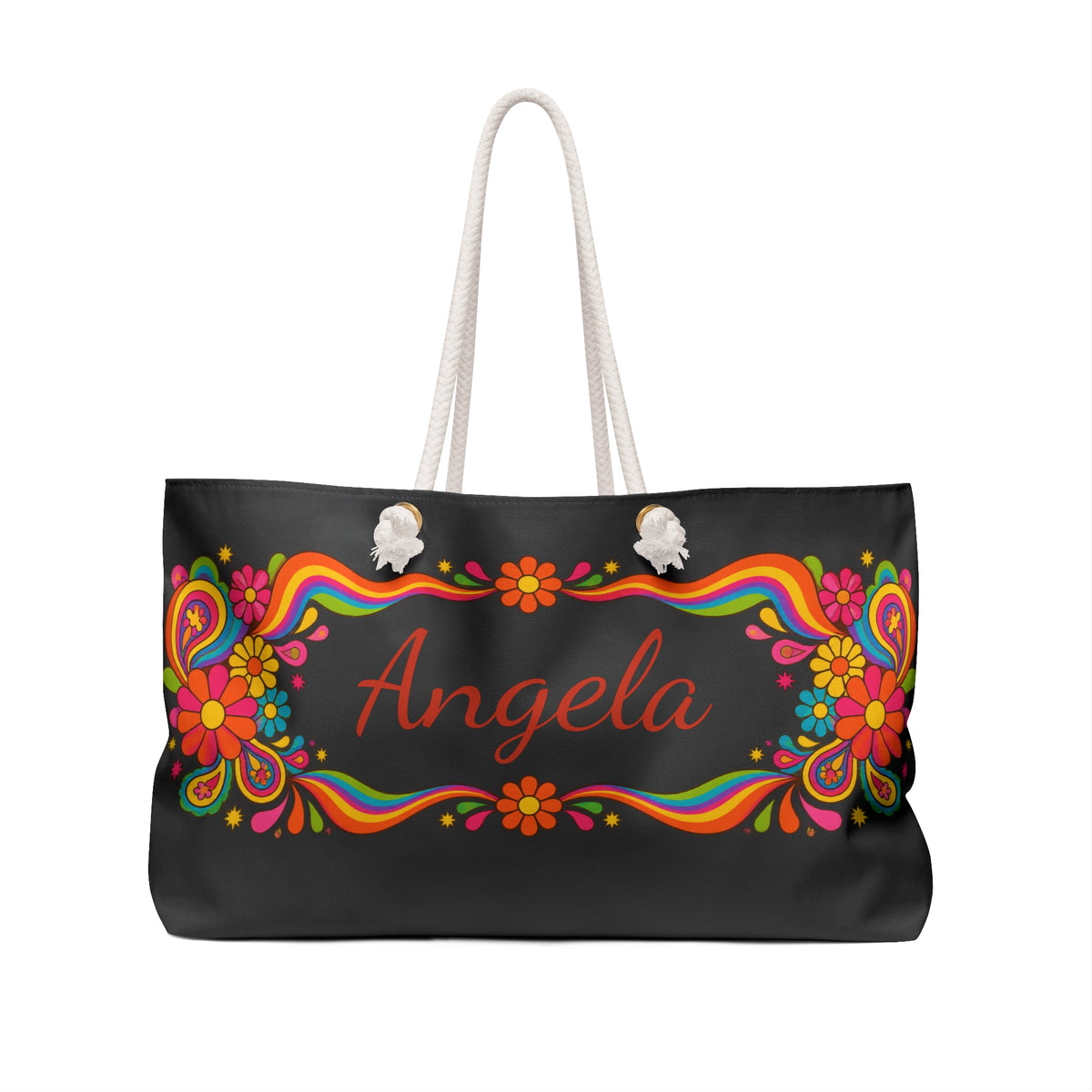 Personalized Floral Weekender Bag — Colorful Retro Flower Tote with Name (e.g., Angela)