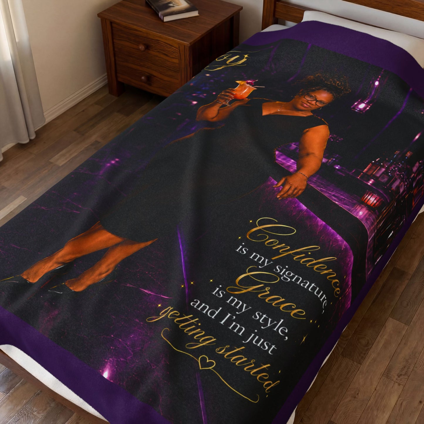 Personalized Velveteen Plush Blanket — "Joy" Portrait with Inspirational Quote (Confidence & Grace)