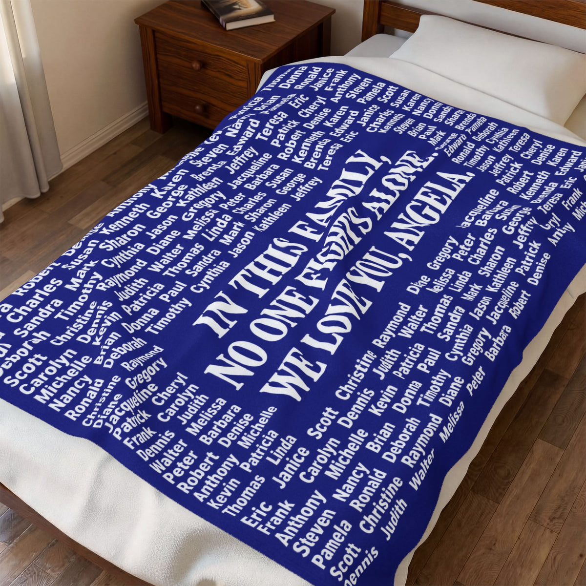 Personalized Memorial Family Names Throw -  (“In This Family No One Fights Alone, We Love You, Angel”)