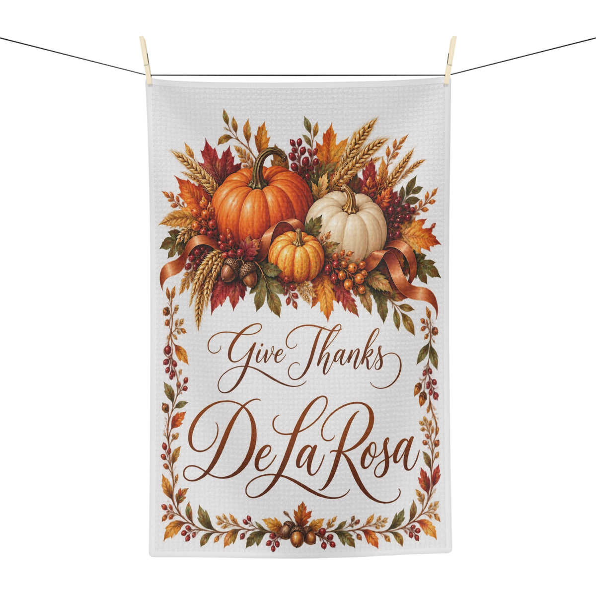 Give Thanks "Family Name" Thanksgiving Pumpkin Microfiber Tea Towel
