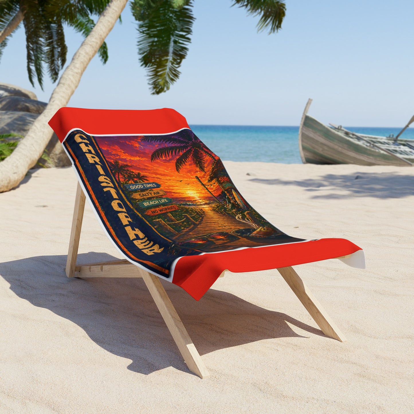 Personalized Beach Towel for HIM— Retro Tropical Shell & Palm Design