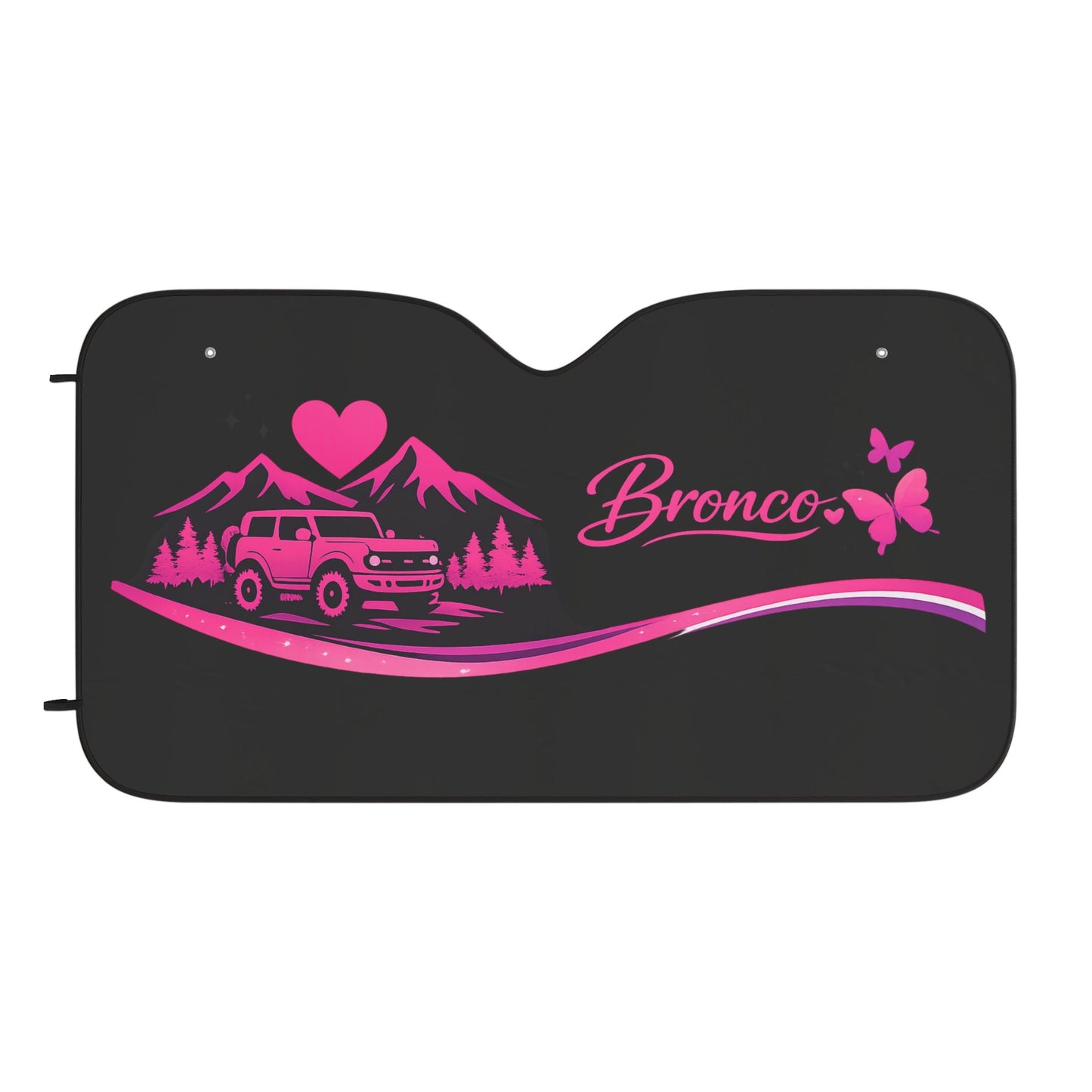 Bronco Heart Mountain Car Sun Shade — Pink Off-Road SUV Windshield Protector