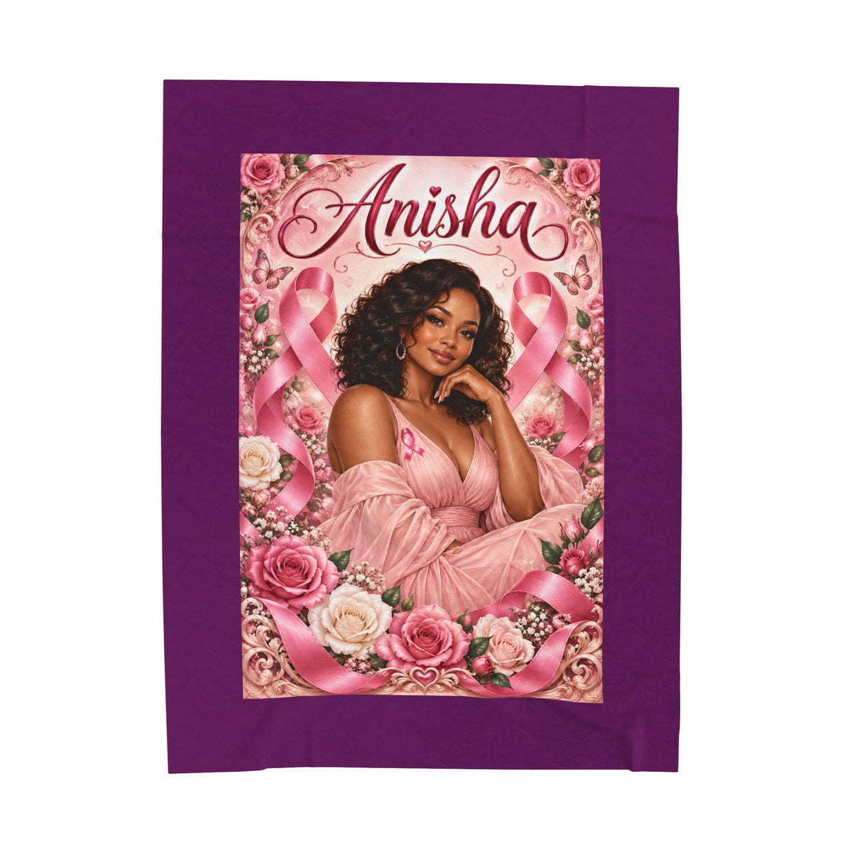 Personalized Breast Cancer Awareness Velveteen Plush Blanket — 'Anisha' Pink Ribbon Design