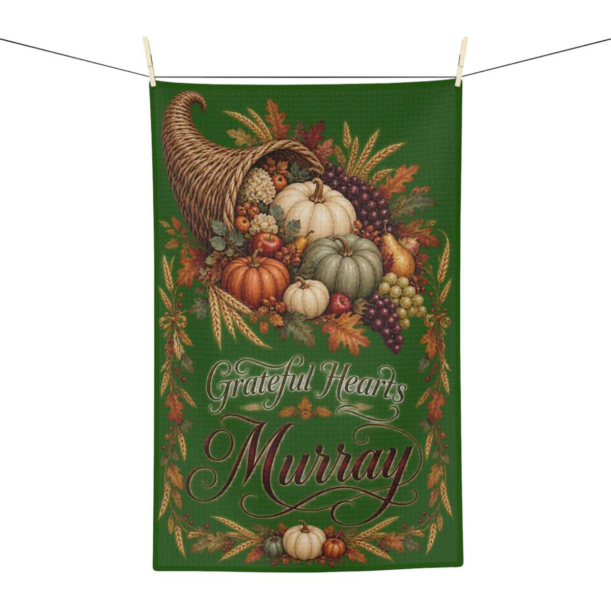 Give Thanks "Family Name"Thanksgiving Cornucopia Tea Towel