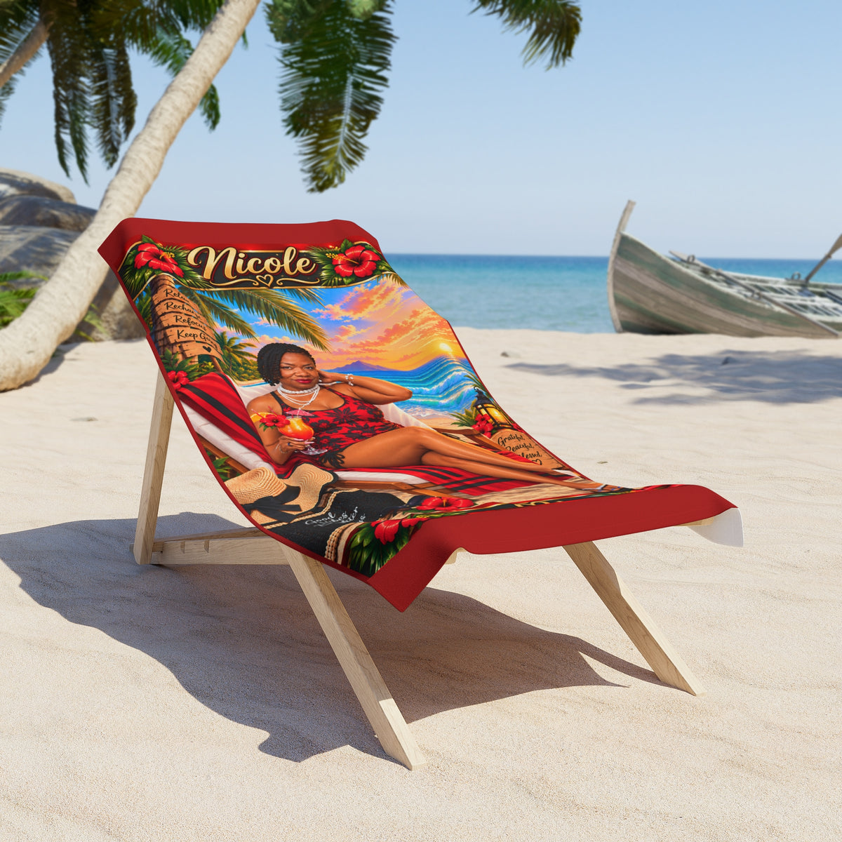 Personalized Hawaiian Beach Towel — Tropical Sunset Luau Design with Name (Nicole)