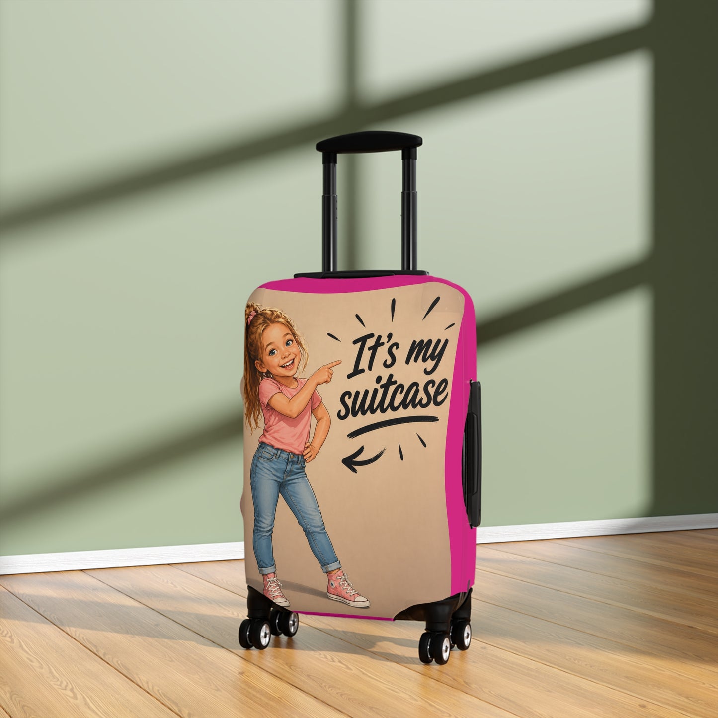 Personalized Child's Luggage Cover — Pink, Your likeness  "It's My Suitcase" Kids Travel Protector
