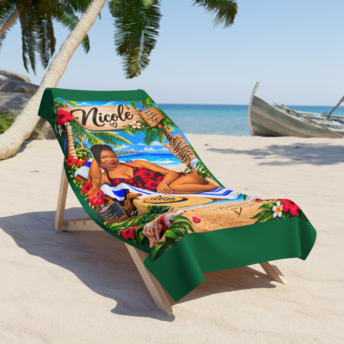 Personalized Tropical Beach Towel — "Nicole" Custom Name Luau Design