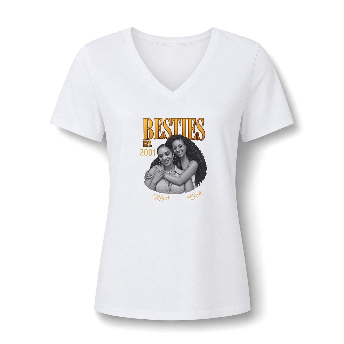 Personalized “Besties Since” V-Neck T-Shirt With Names, Photos and Year