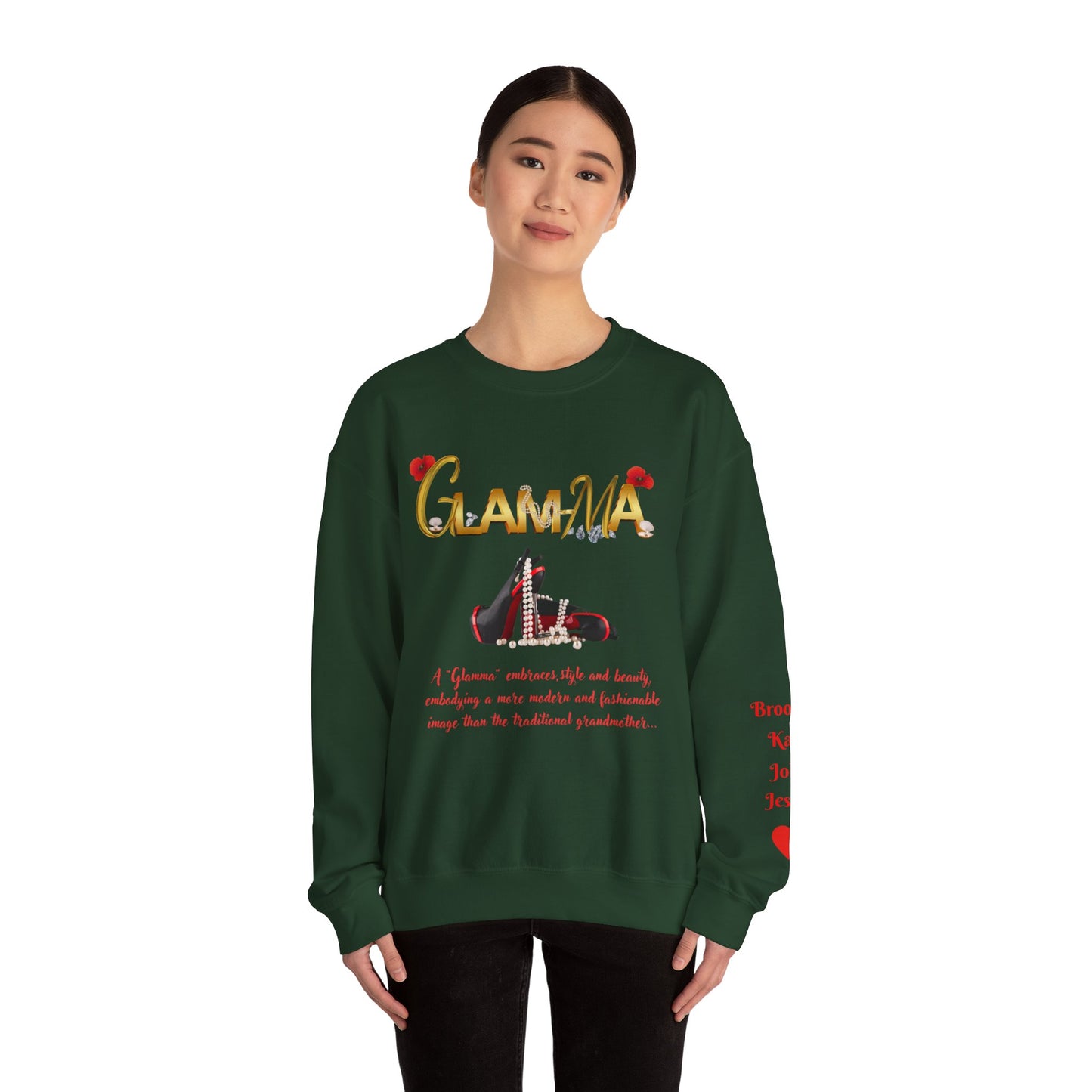 Glamma Graphic Sweatshirt – 'GLAMMA' Gold Script with Heels & Red Heart Sleeve Design