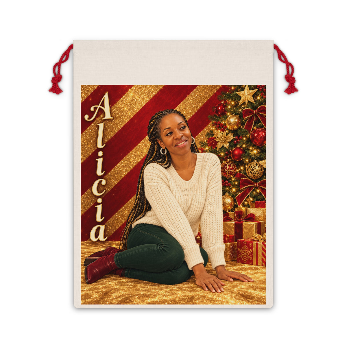 Personalized Christmas Gift Bag with Animated Likeness & Name – Custom Santa Sack for Family Holiday Gifts