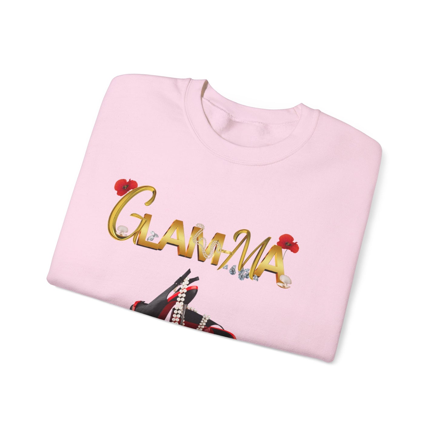 Glamma Graphic Sweatshirt – 'GLAMMA' Gold Script with Heels & Red Heart Sleeve Design
