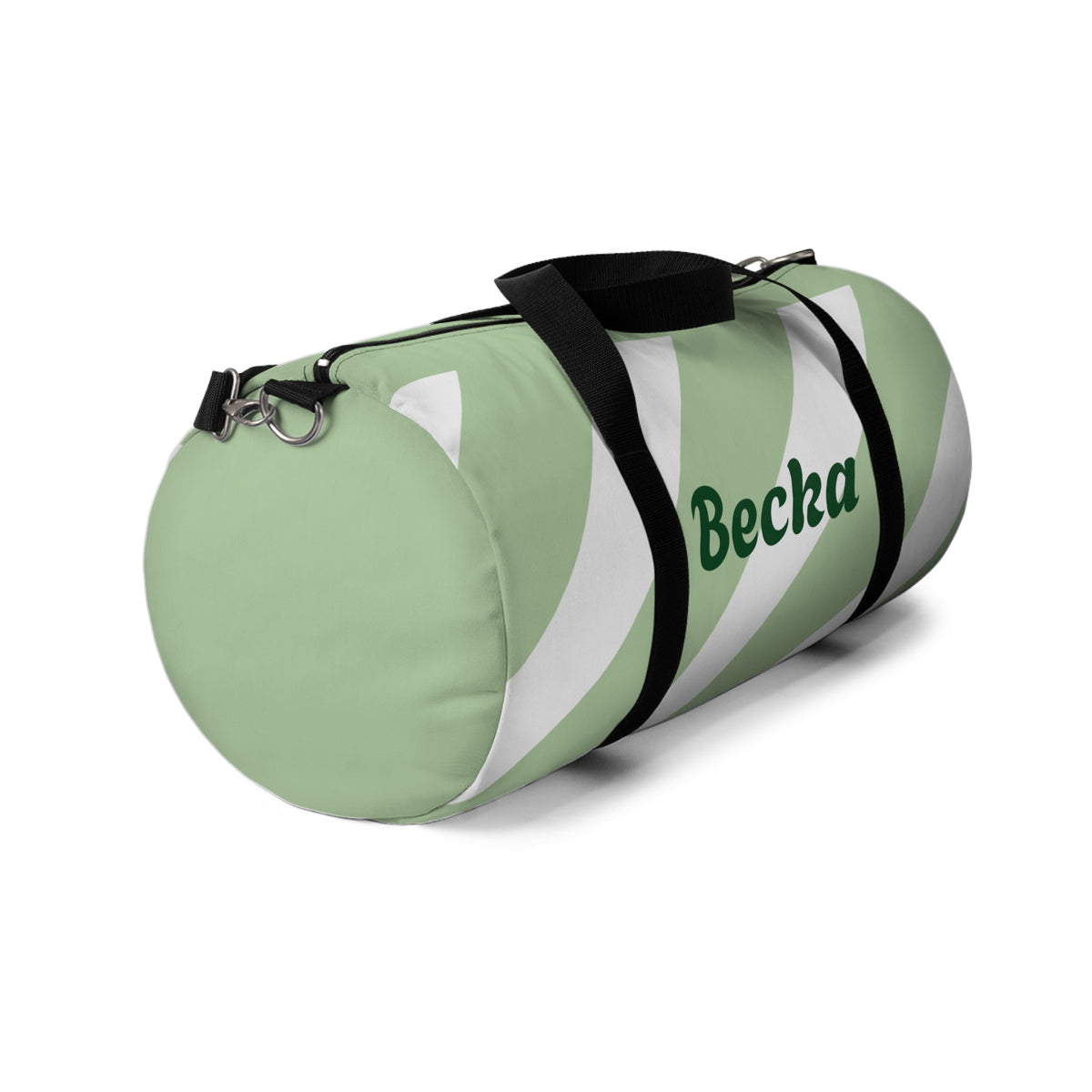 Personalized Green Stripe Duffel Bag — Custom Name "Becka"