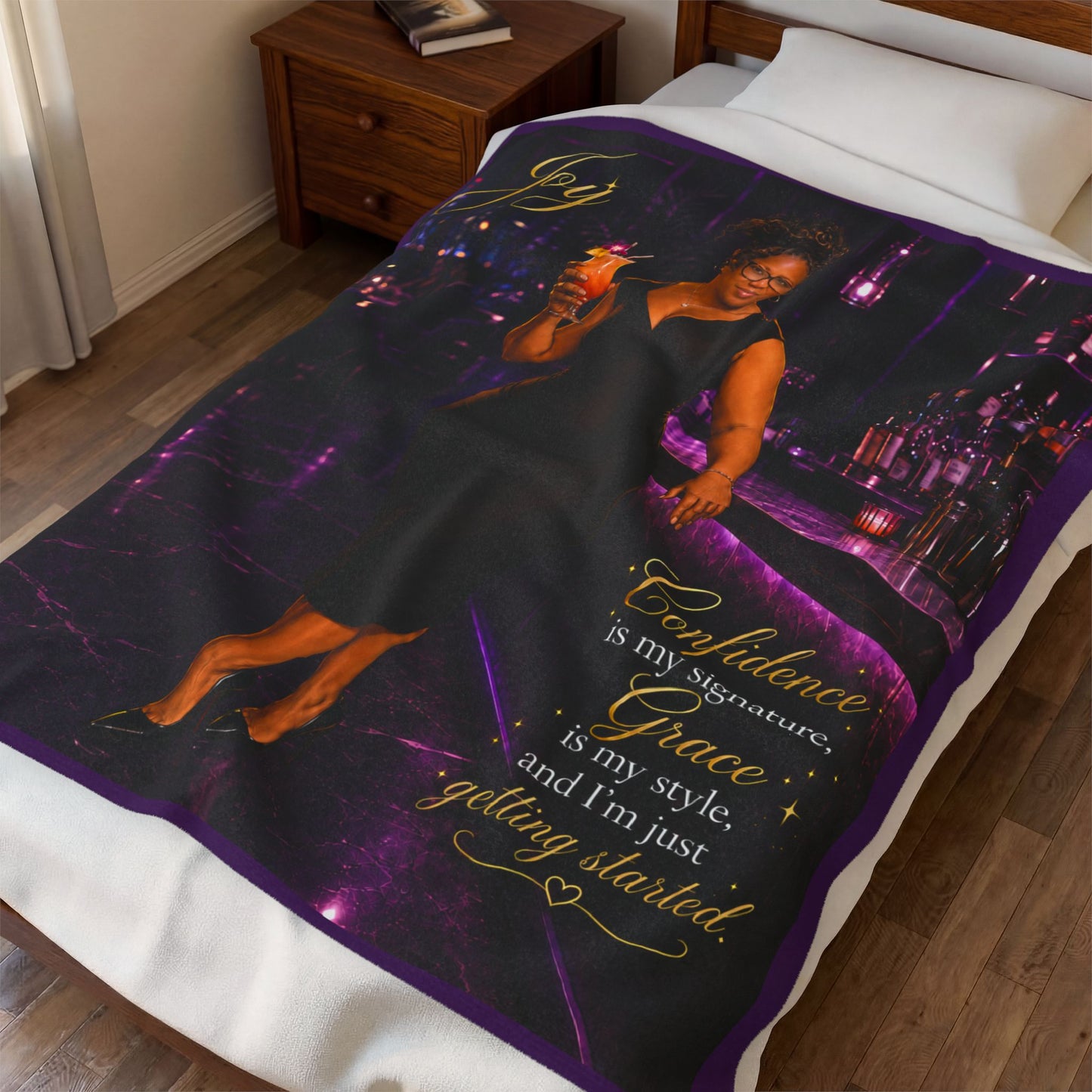 Personalized Velveteen Plush Blanket — "Joy" Portrait with Inspirational Quote (Confidence & Grace)