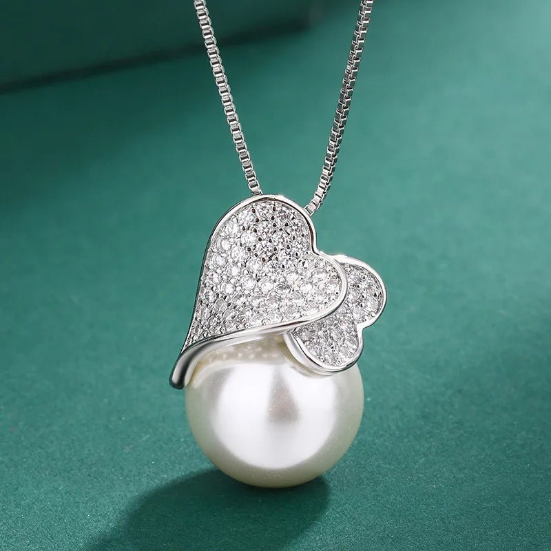 925 Sterling Silver Double Heart with Big Pearl Set - BeeBeeBuys