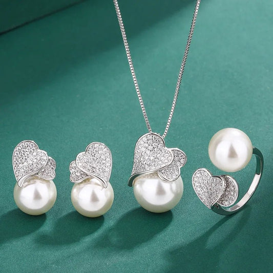925 Sterling Silver Double Heart with Big Pearl Set - BeeBeeBuys