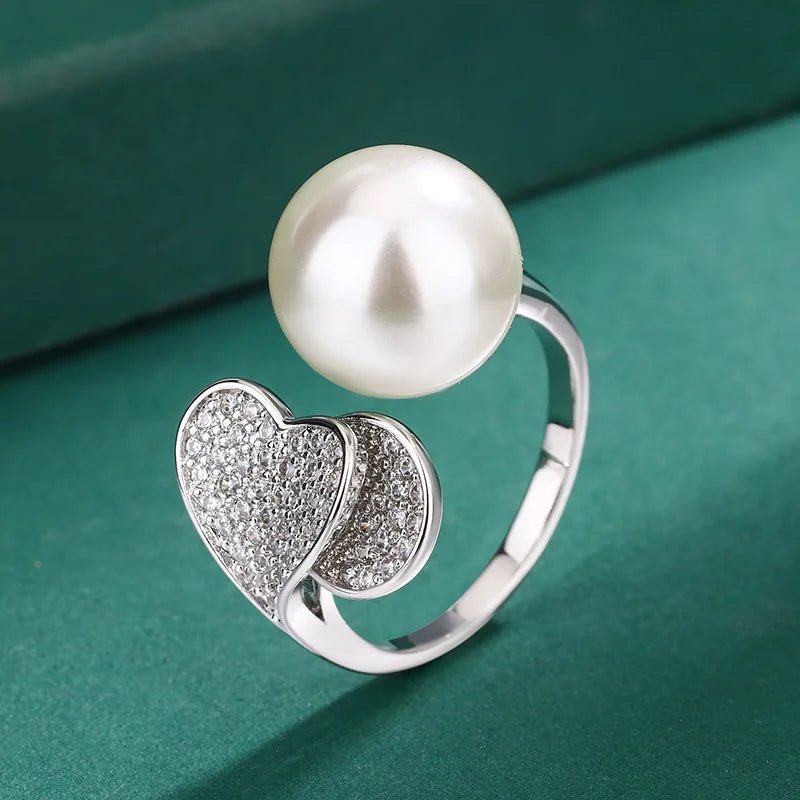 925 Sterling Silver Double Heart with Big Pearl Set - BeeBeeBuys