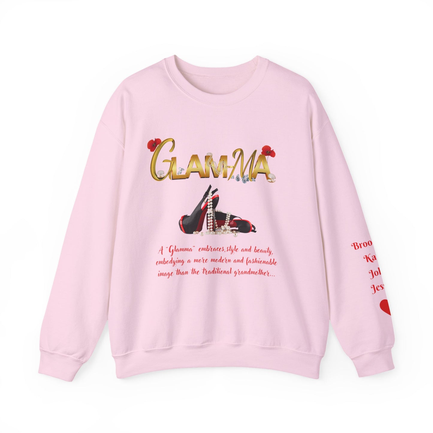 Glamma Graphic Sweatshirt – 'GLAMMA' Gold Script with Heels & Red Heart Sleeve Design