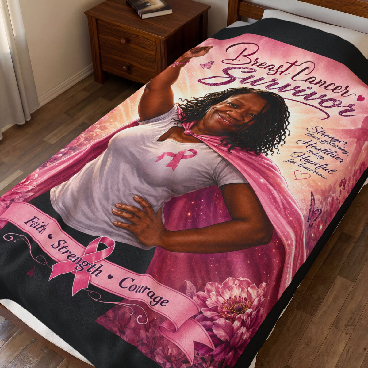 Breast Cancer Survivor Velveteen Plush Blanket – Faith Strength Courage Tribute
