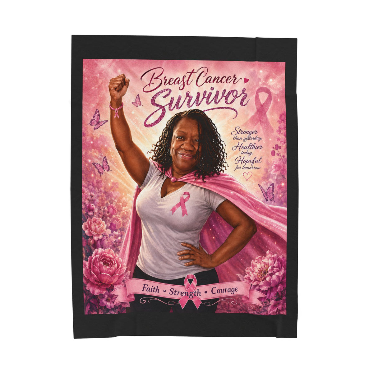Breast Cancer Survivor Velveteen Plush Blanket – Faith Strength Courage Tribute
