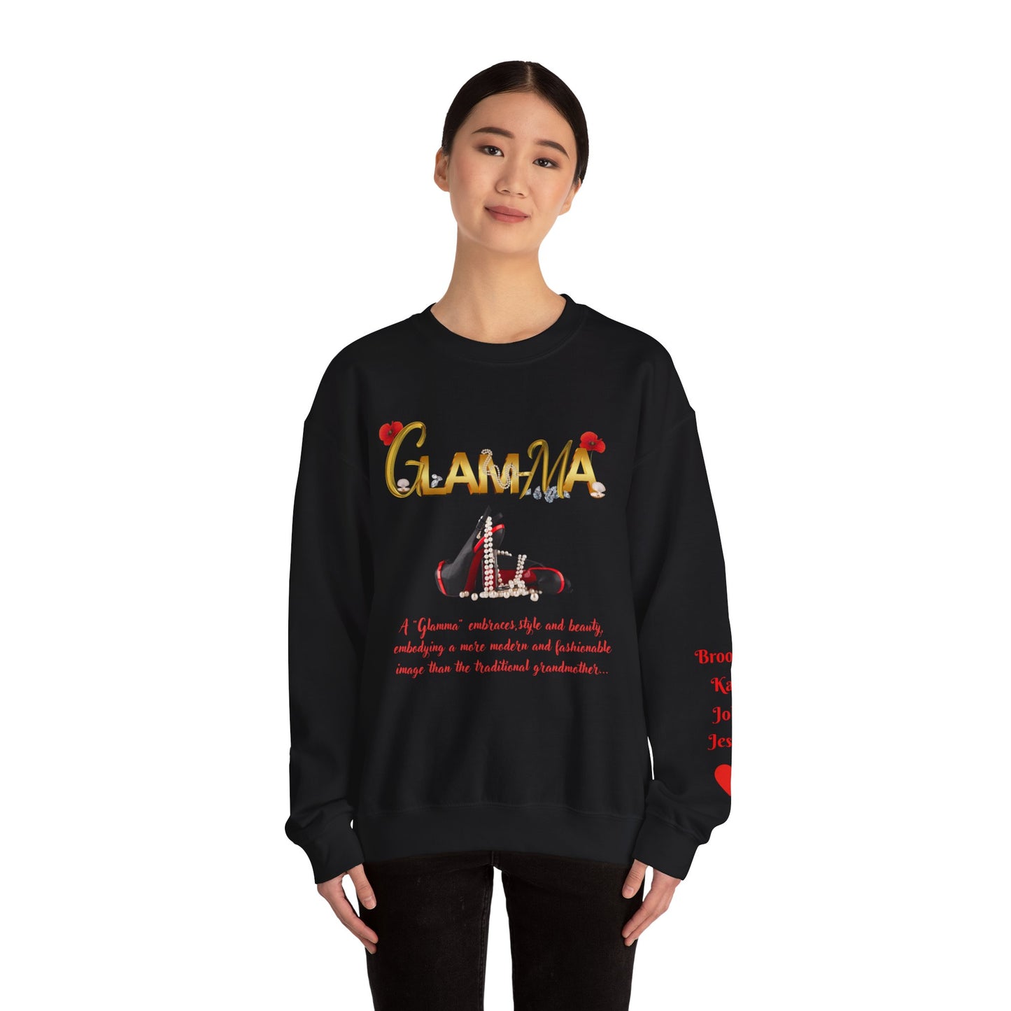 Glamma Graphic Sweatshirt – 'GLAMMA' Gold Script with Heels & Red Heart Sleeve Design