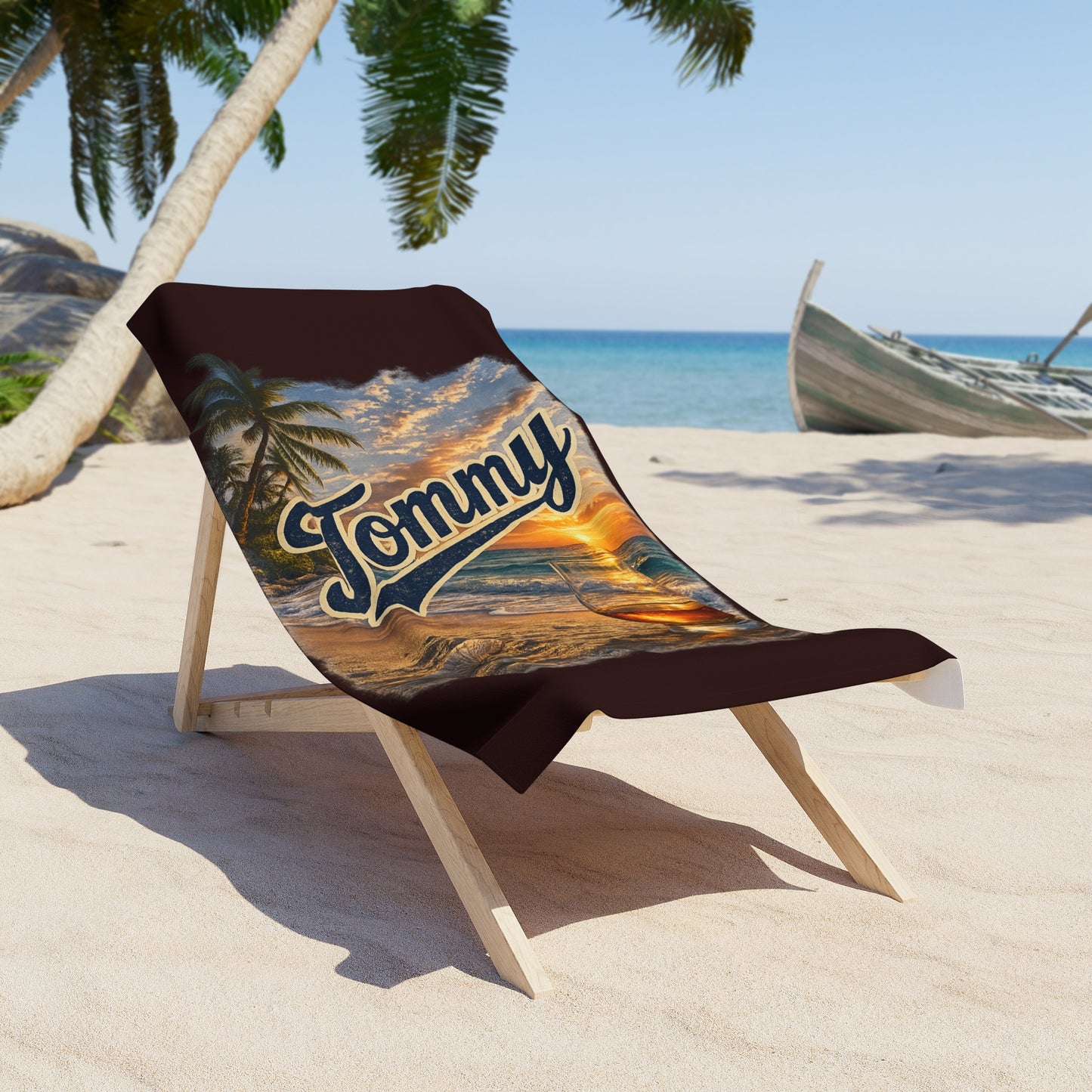 Tommy Personalized Sunset Beach Towel – Tropical Palm & Anchor Design