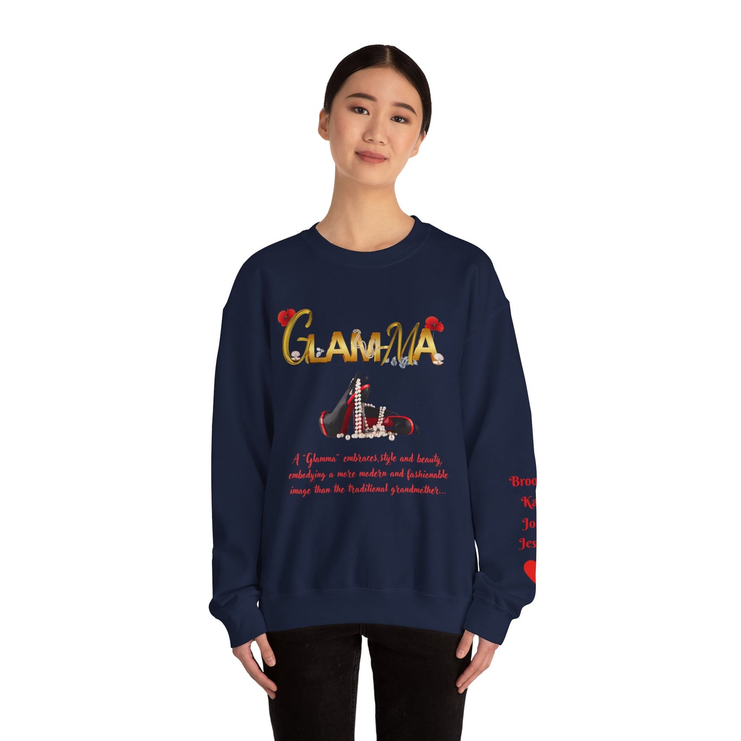 Glamma Graphic Sweatshirt – 'GLAMMA' Gold Script with Heels & Red Heart Sleeve Design