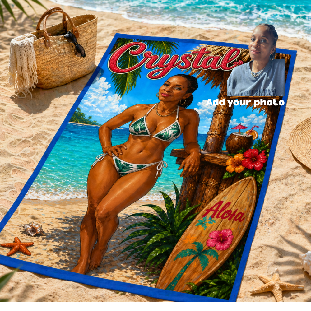 Beach Towel — Tropical Pinup Bikini Design with Vintage Surf Vibe