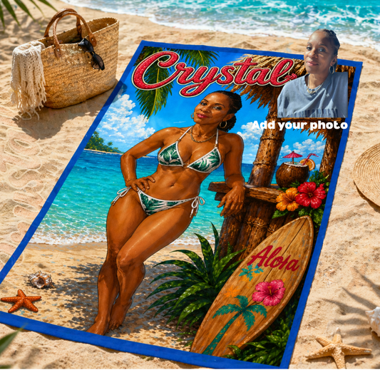 Beach Towel — Tropical Pinup Bikini Design with Vintage Surf Vibe