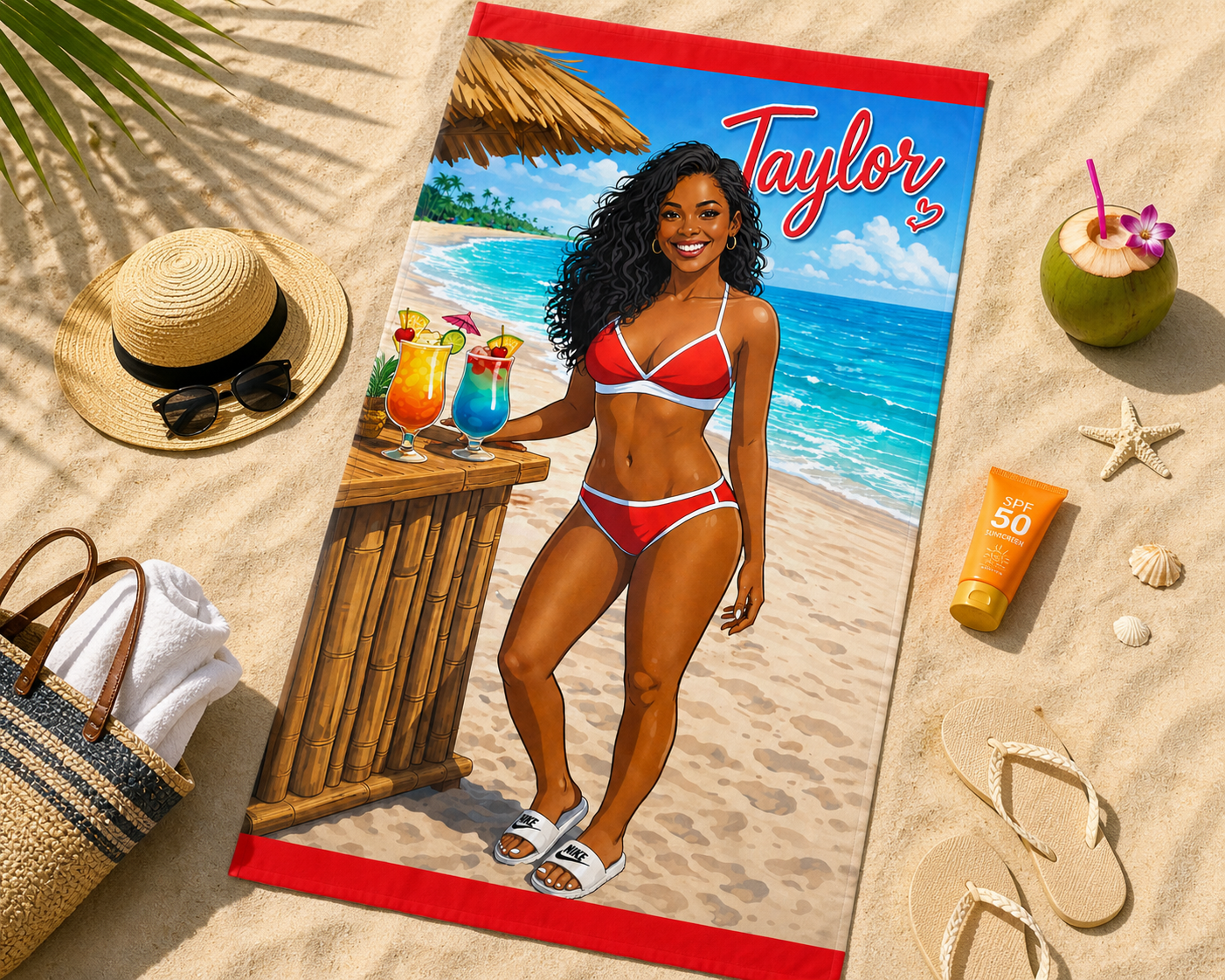 Personalized Beach Towel "your Likeness and Name" – Tropical Bikini
