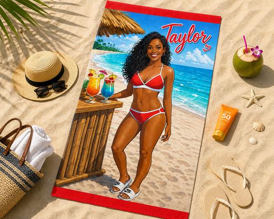 Personalized Beach Towel "your Likeness and Name" – Tropical Bikini