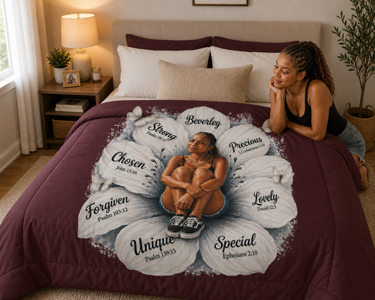 Inspirational Floral Faith Comforter — Personalized Name and likeness with Scripture Affirmations