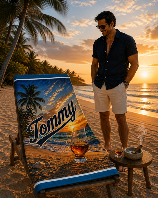 Personalized Man or Woman "with Name"Sunset Beach Towel – Tropical Palm & Cocktail Design