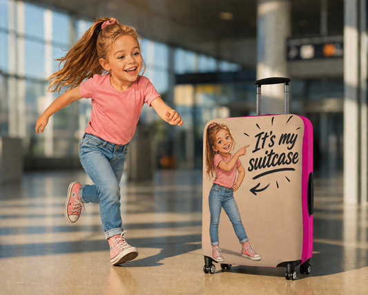 Personalized Child's Luggage Cover — Pink, Your likeness  "It's My Suitcase" Kids Travel Protector