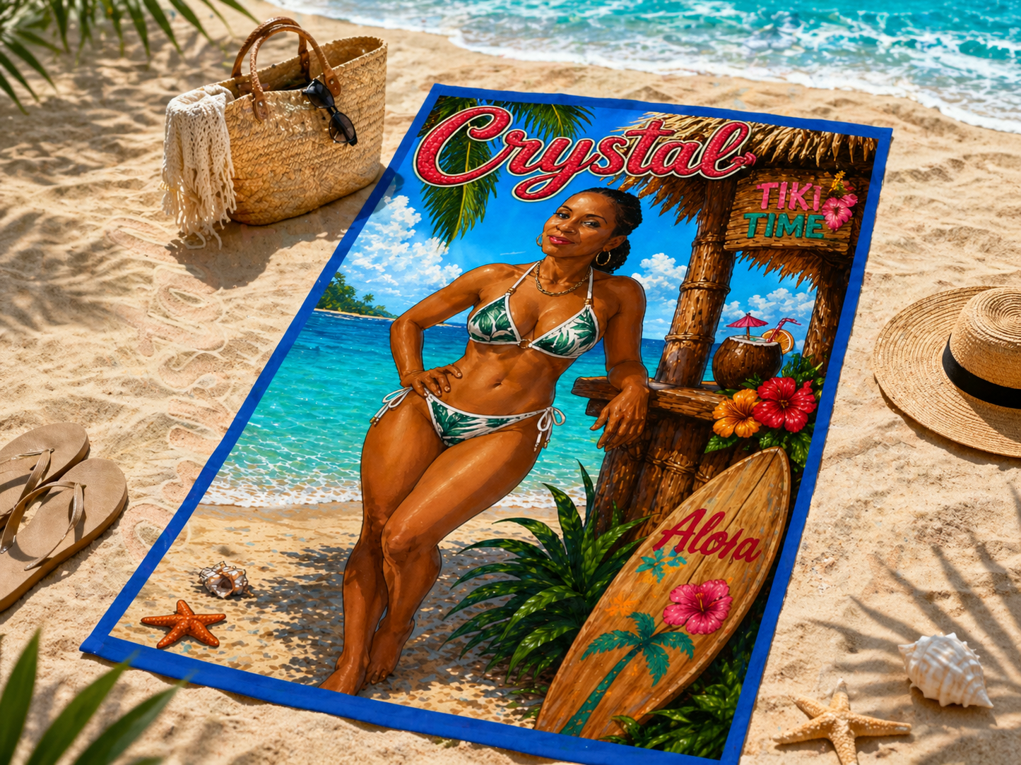 Beach Towel — Tropical Pinup Bikini Design with Vintage Surf Vibe