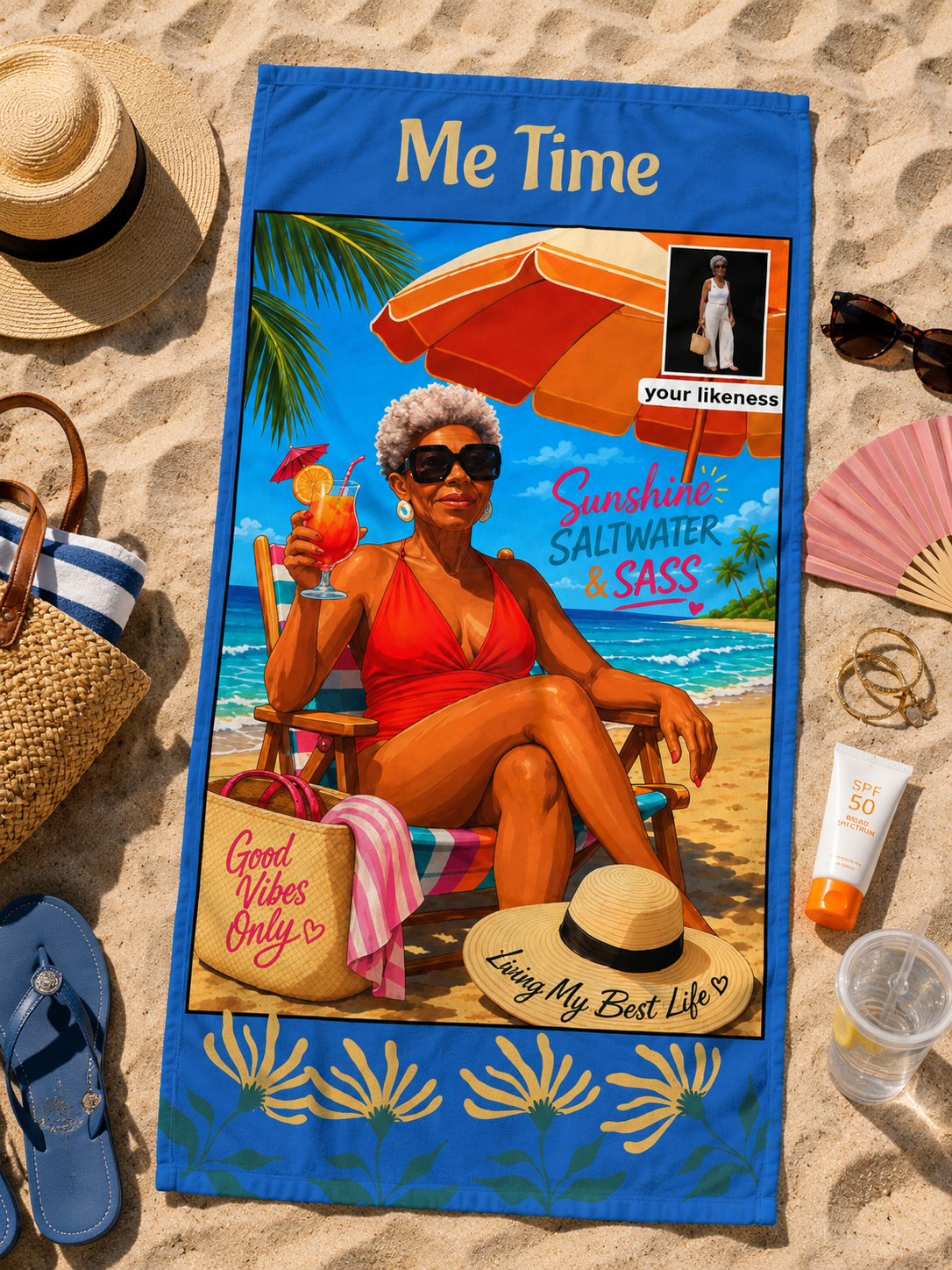 Me Time Beach Towel — Relaxing Retro Beach Scene with 'Me Time' Text