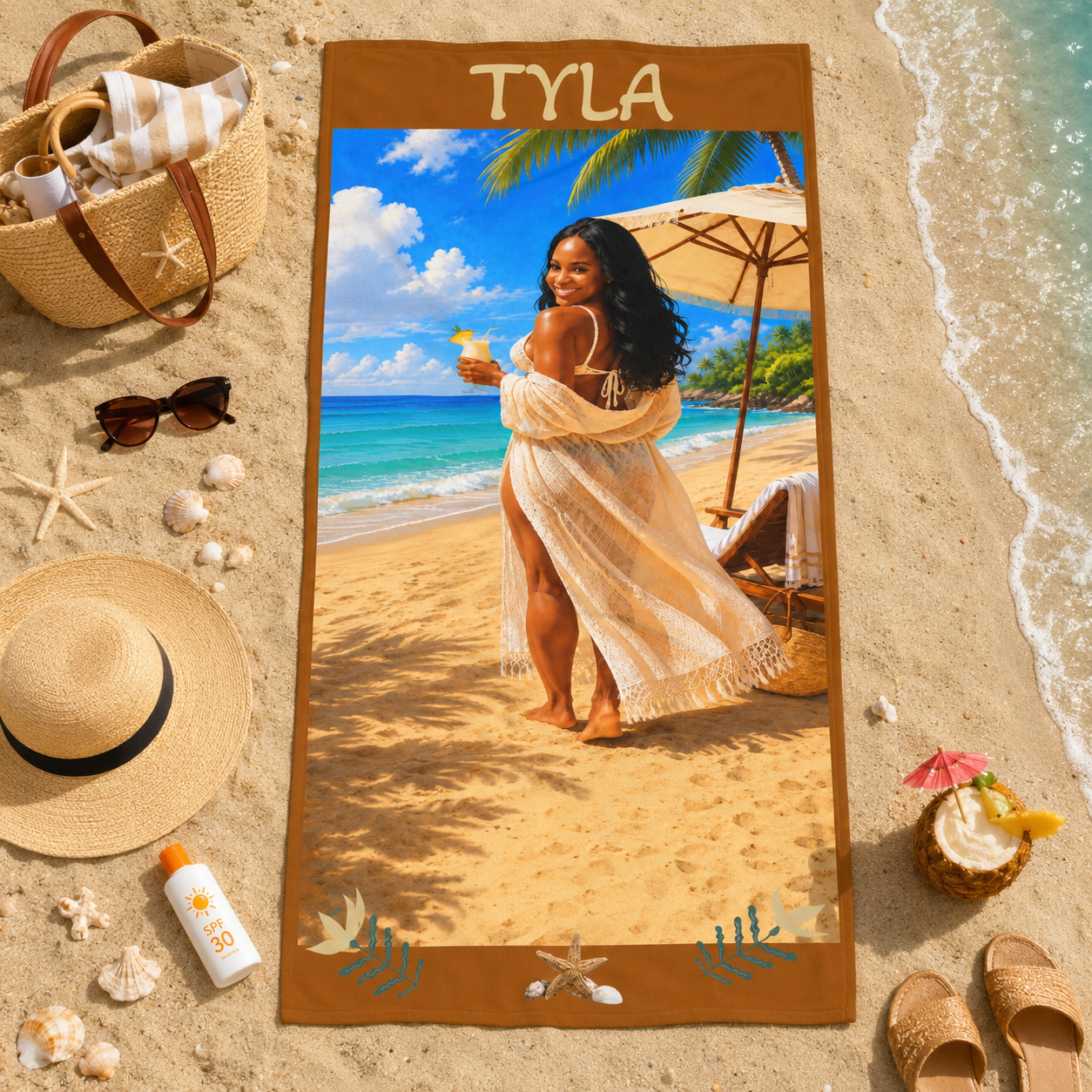 Personalized Tropical Beach Towel — Sunset Palm Luau Design