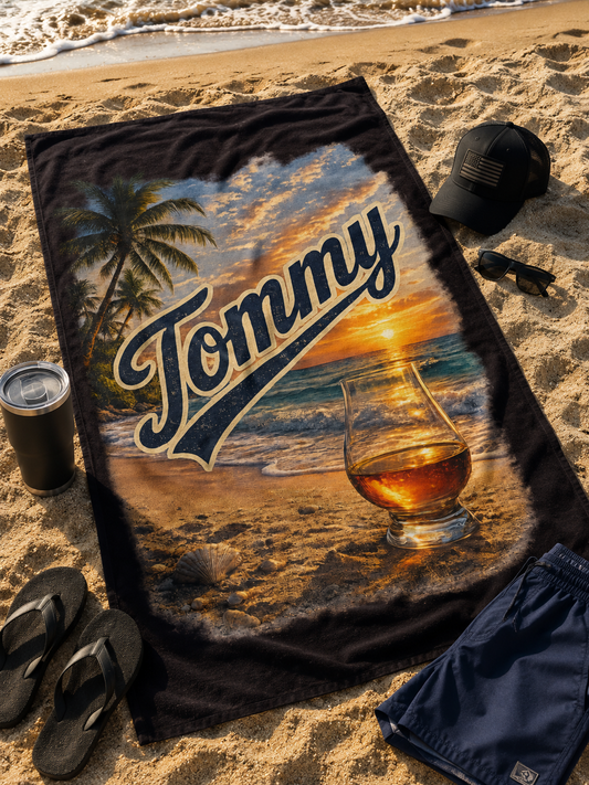 Tommy Personalized Sunset Beach Towel – Tropical Palm & Anchor Design
