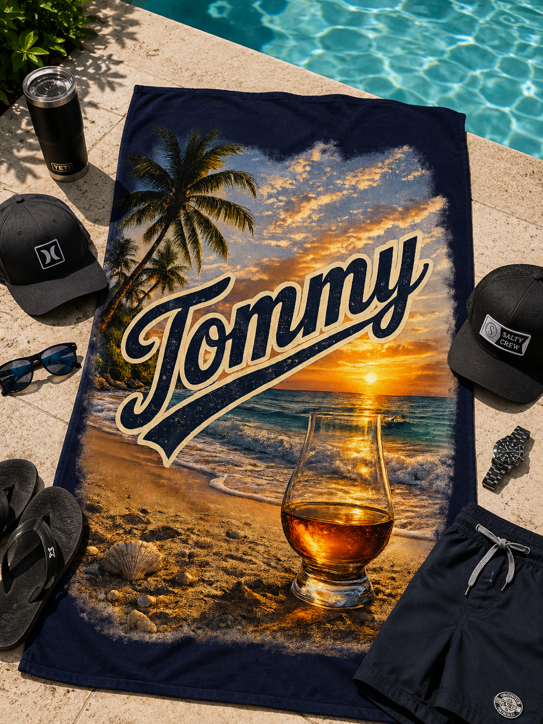 Tommy Personalized Sunset Beach Towel – Tropical Palm & Anchor Design