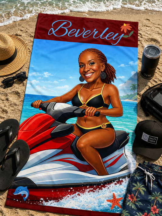 Personalized Jet Ski Beach Towel — Tropical Watersports Design