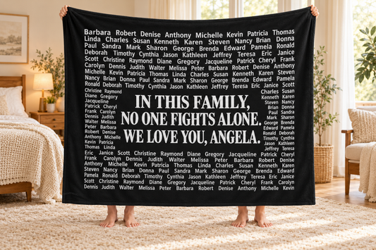 Personalized Memorial Family Names Throw -  (“In This Family No One Fights Alone, We Love You, Angel”)