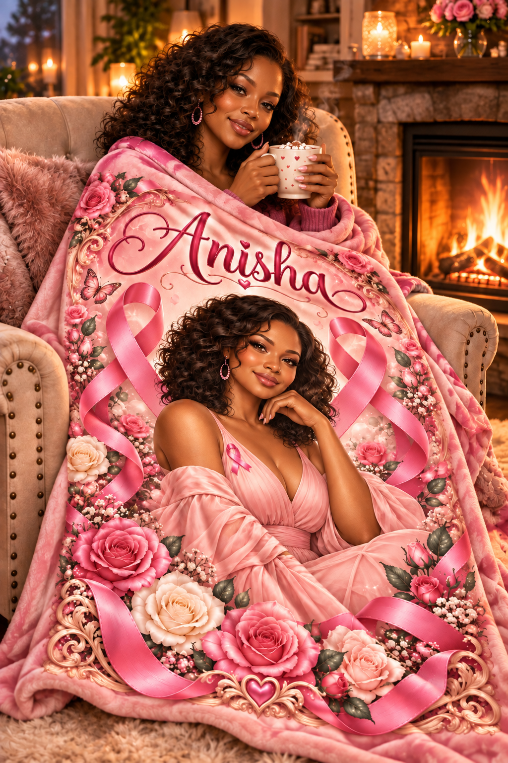 Personalized Breast Cancer Awareness Velveteen Plush Blanket — 'Anisha' Pink Ribbon Design
