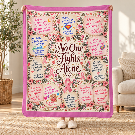 No One Fights Alone Pink Ribbon Fleece Sherpa Blanket — Breast Cancer Support Throw