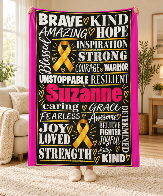 Personalized  Cancer Awareness Sherpa Fleece Blanket — Inspirational Words & Gold Ribbon