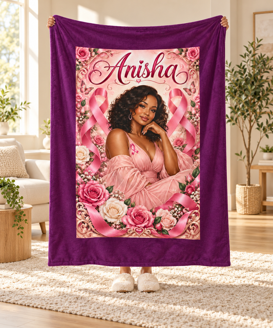 Personalized Breast Cancer Awareness Velveteen Plush Blanket — 'Anisha' Pink Ribbon Design